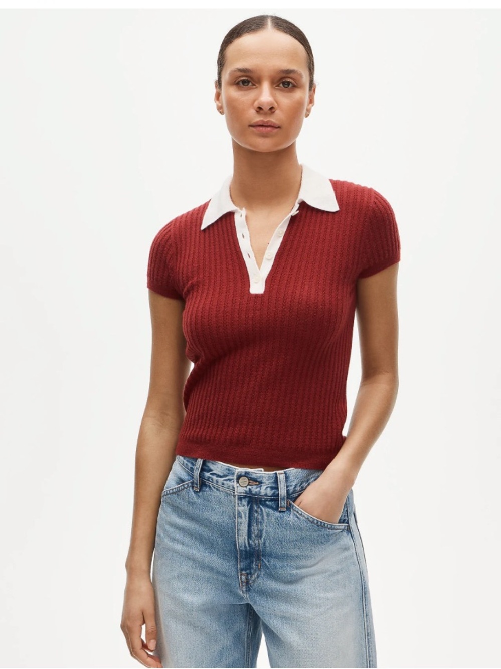 J. Crew Featherweight cashmere pointelle sweater-polo with contrast collar
